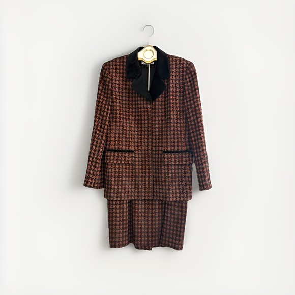 Vtg NEW Albert Nipon Skirt Suit 12 Copper Brown Black Houndstooth Career Busines